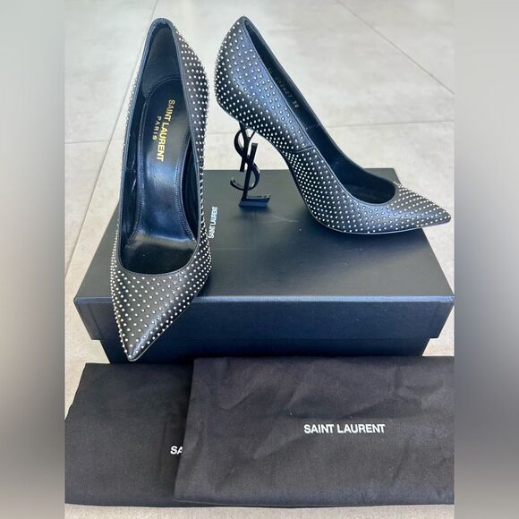 Saint Laurent Opyum 110 YSL Pumps Leather Studded Black High Heels EU 38 US 8 - Picture 1 of 11